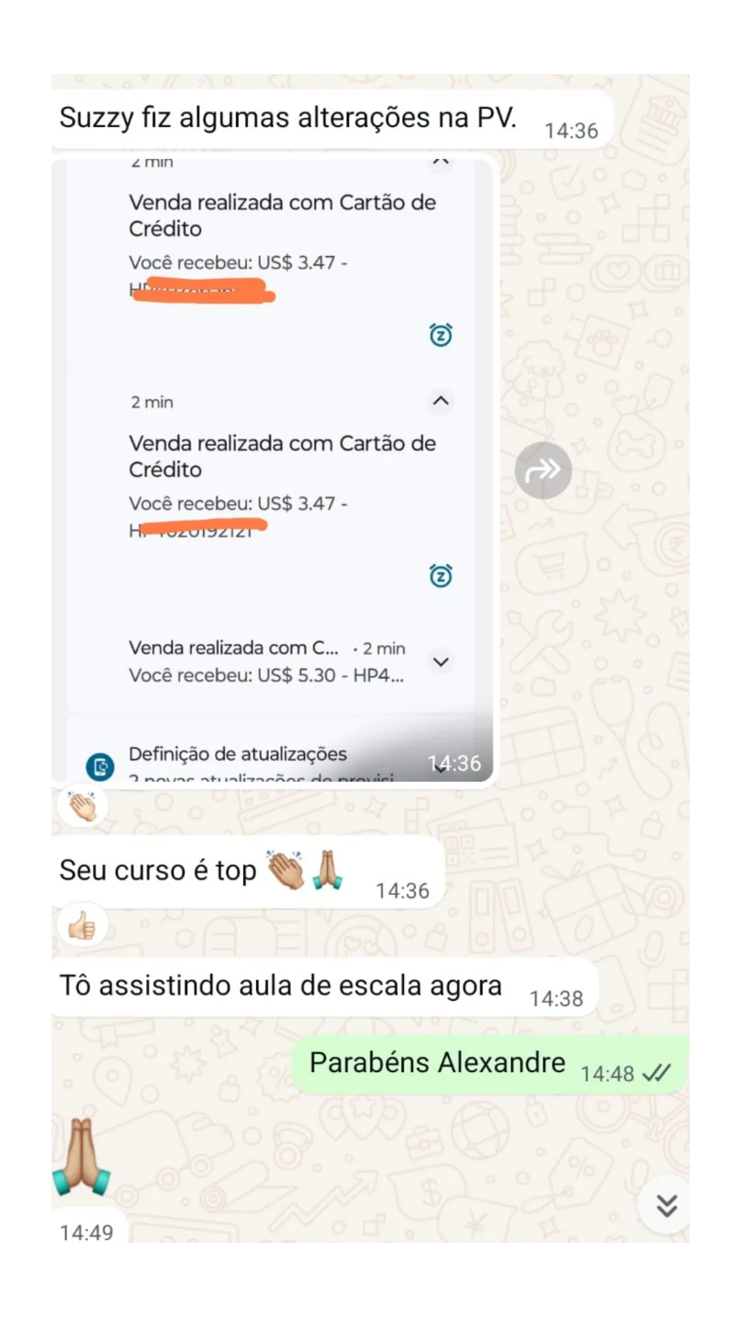 Depoimento no WhatsApp: aluno relata vendas em dólar e elogia o curso
