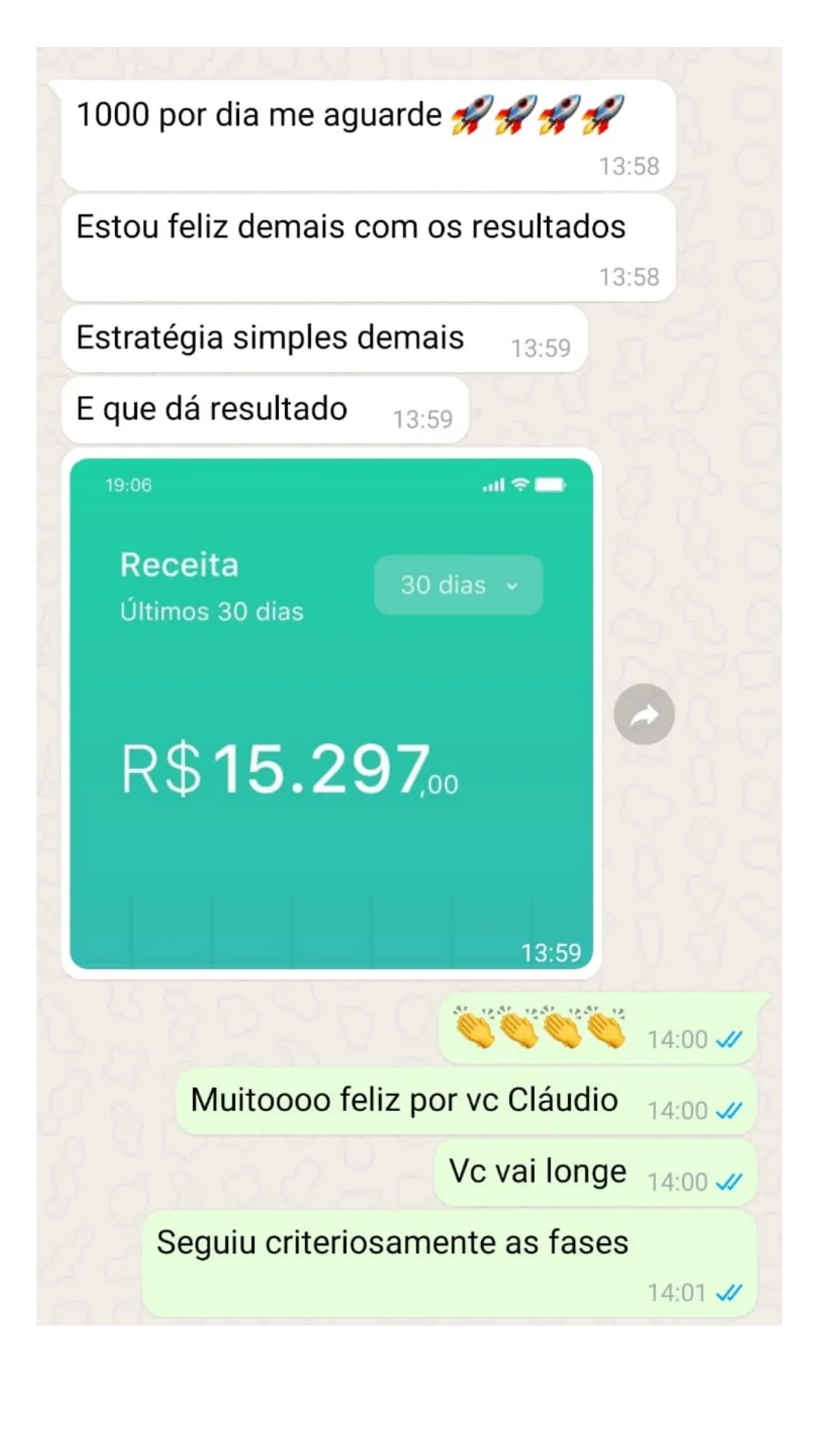 Depoimento no WhatsApp: aluno com R$15.297 de receita em 30 dias