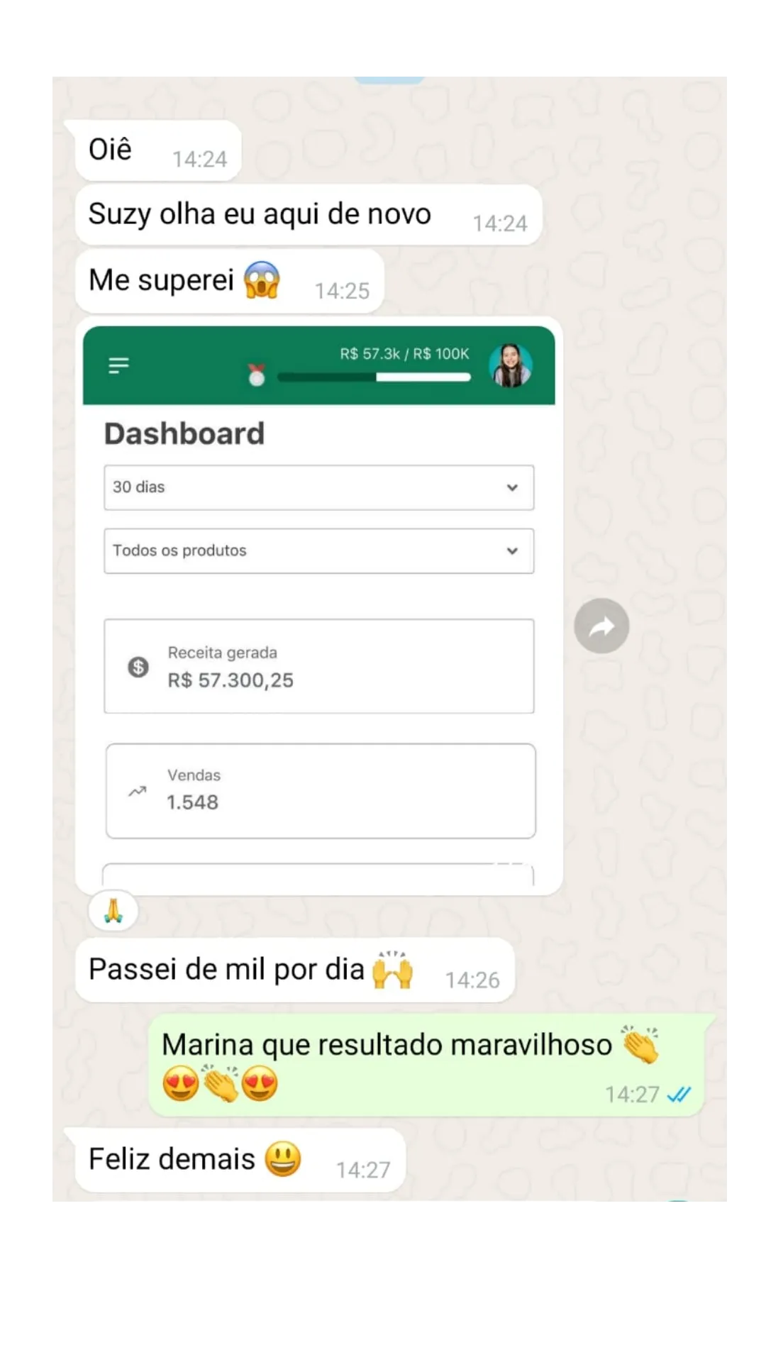 Depoimento no WhatsApp: aluna comemora passar de mil por dia de faturamento