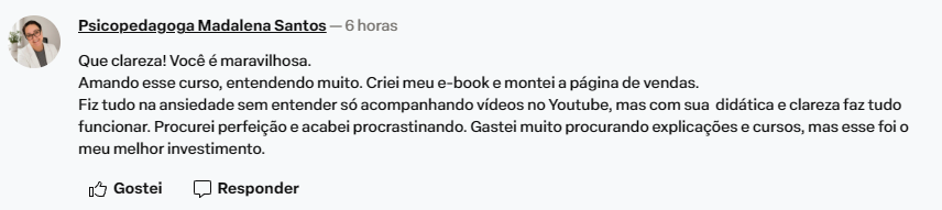 Depoimento da psicopedagoga Madalena Santos sobre o curso