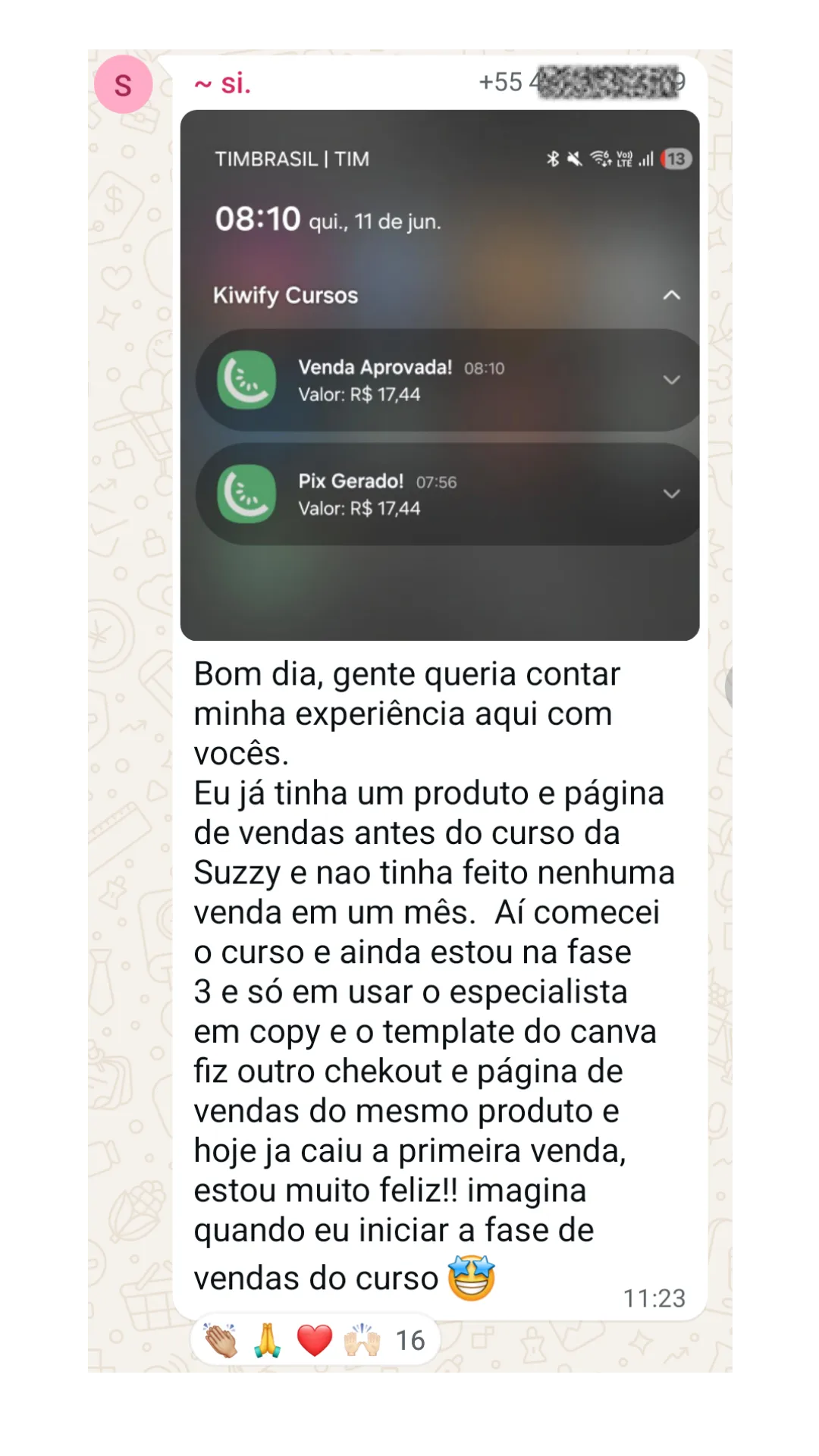Depoimento de aluna comemorando a primeira venda na fase 3 do curso