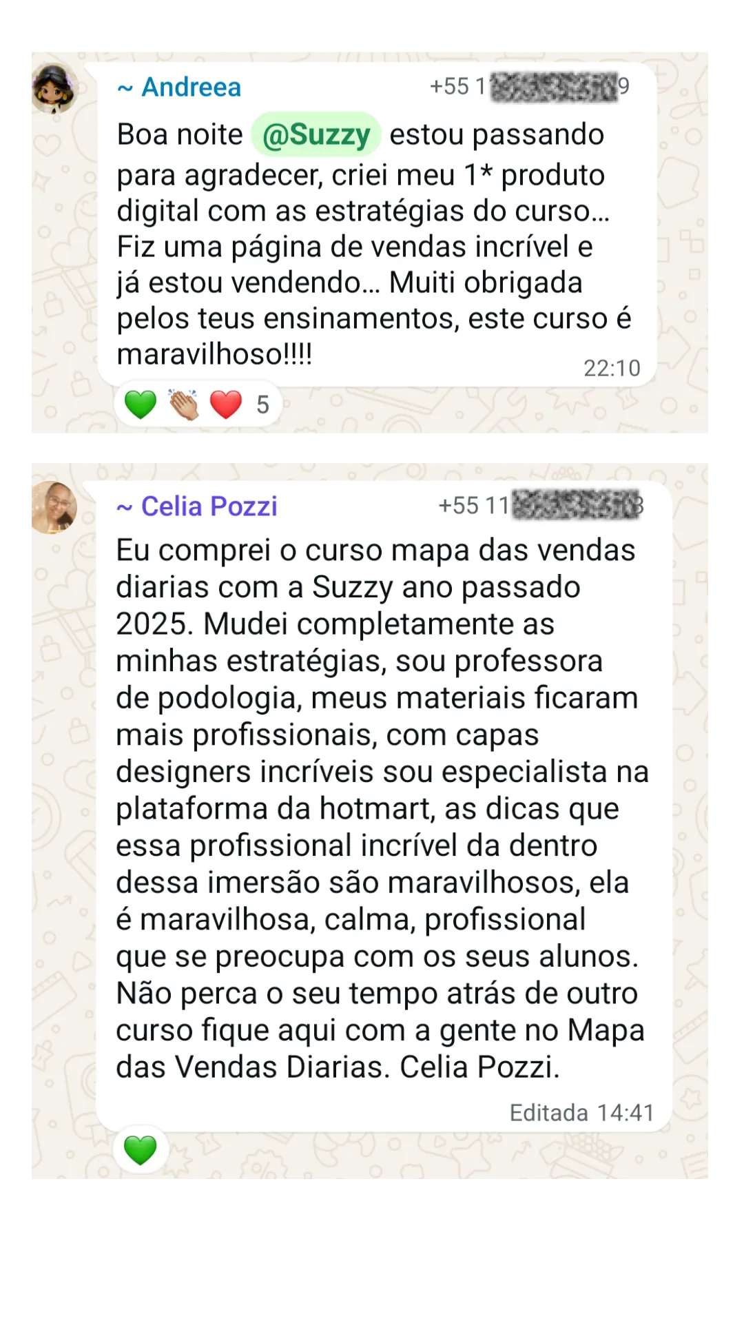 Depoimentos de Andreea e Celia Pozzi agradecendo pelo curso