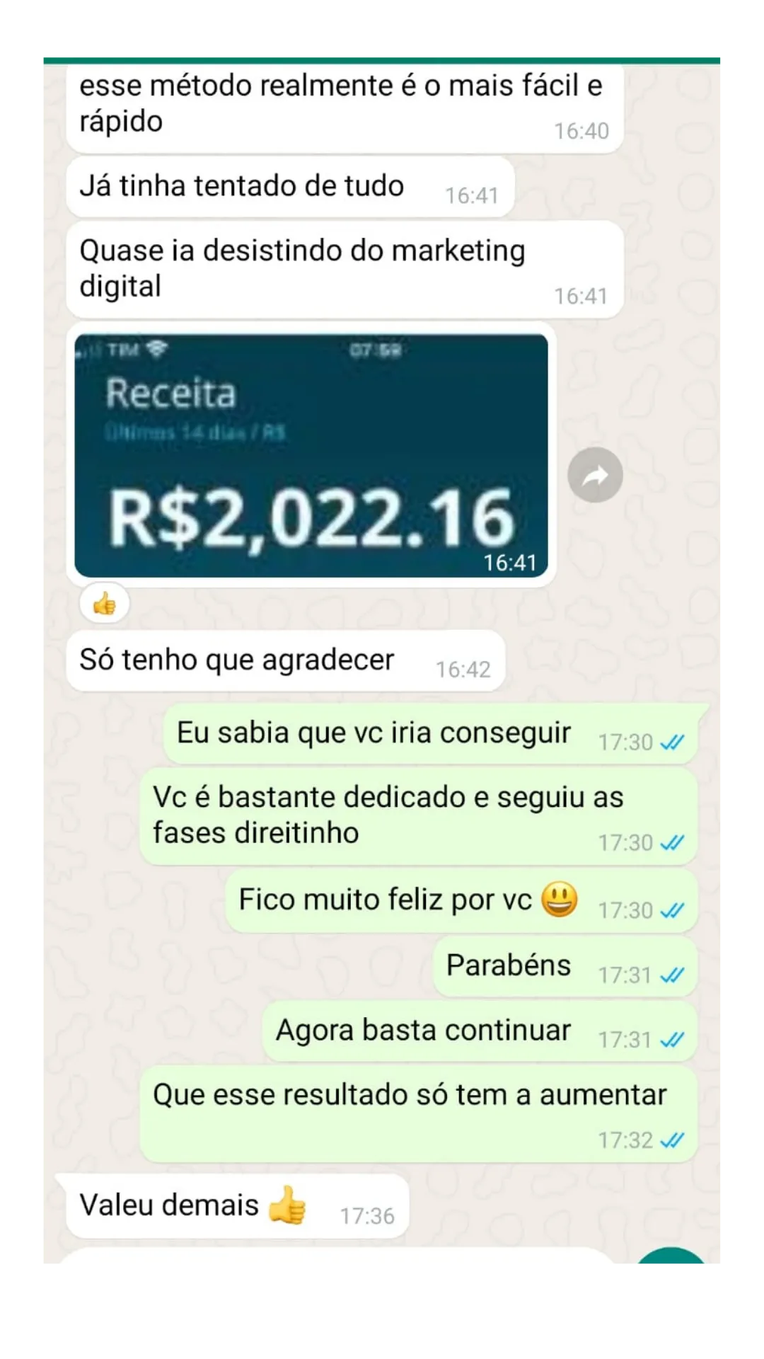 Depoimento no WhatsApp: aluno com R$2.022,16 de receita em 14 dias
