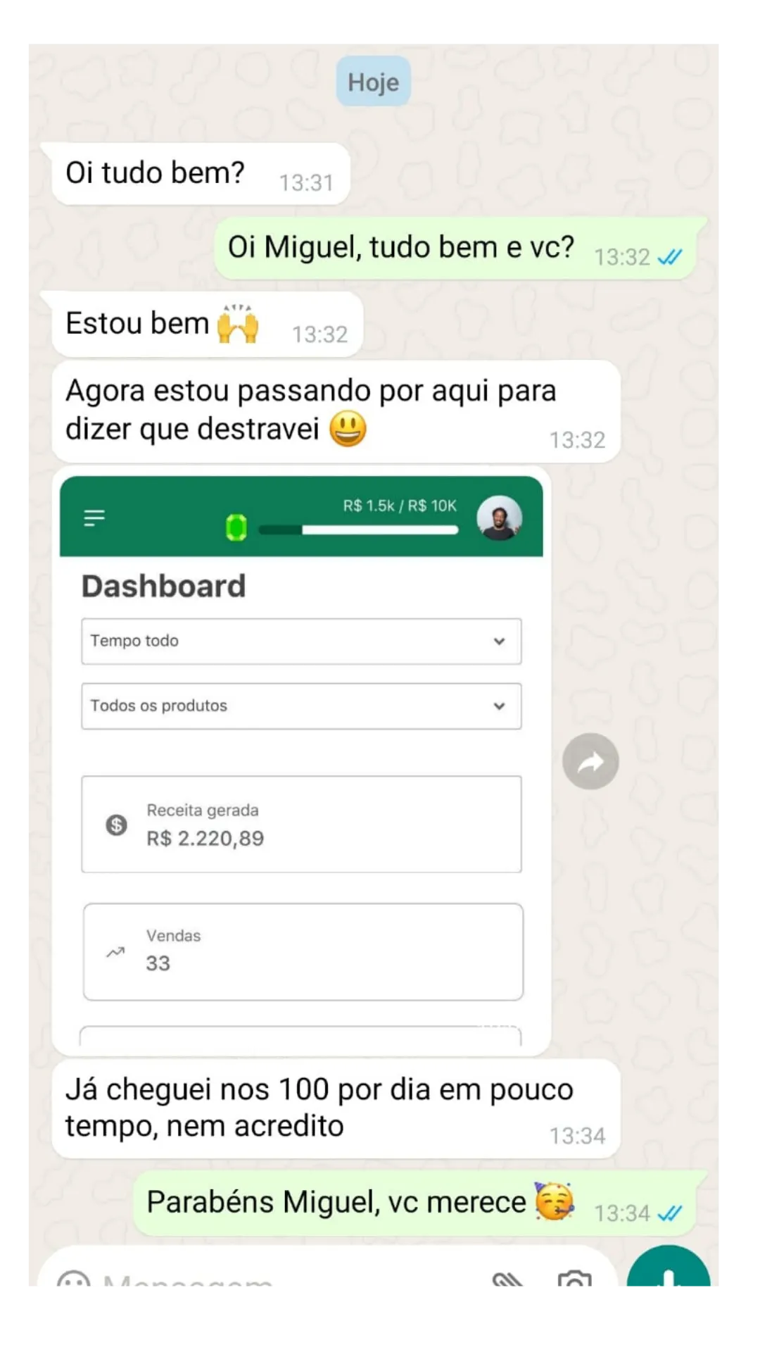 Depoimento no WhatsApp: aluno com R$2.220,89 de faturamento e 33 vendas