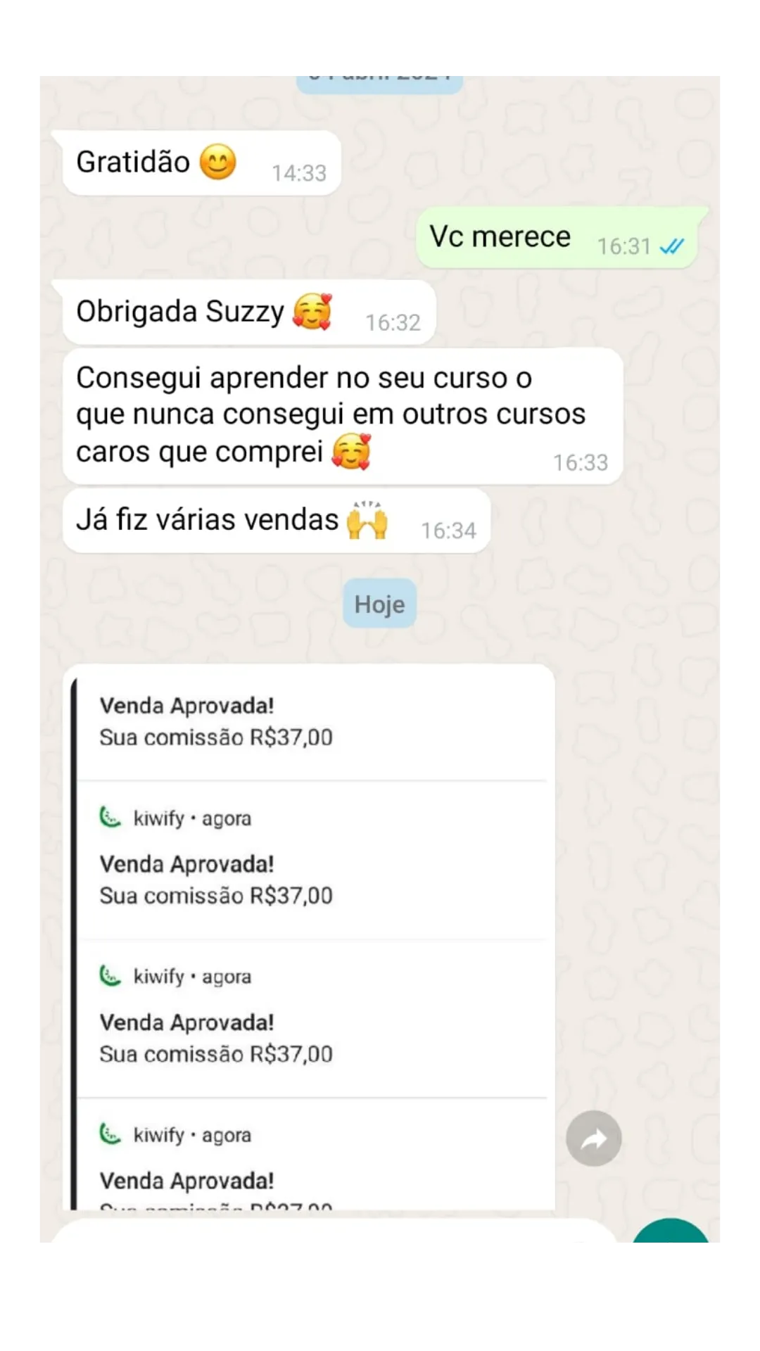 Depoimento no WhatsApp: aluna relata várias vendas aprovadas